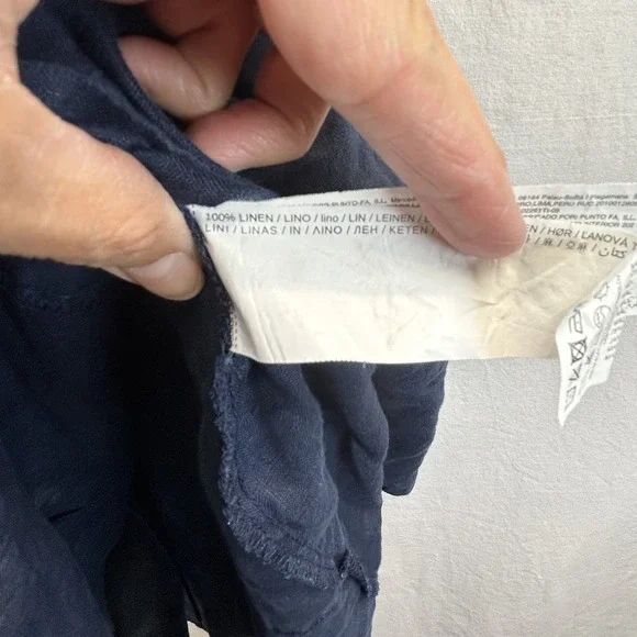 MNG Mango Navy Blue 100% Linen Shirt Dress Sleeveless Brown Button Up - Picture 8 of 9